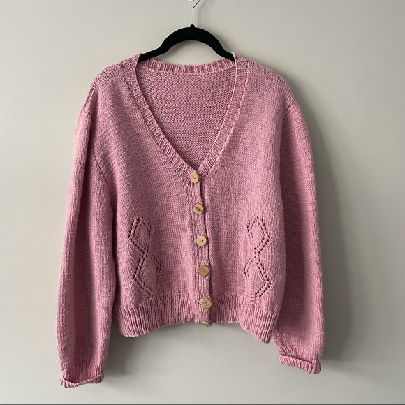 Handmade Knit Pink Cardigan Sweater Cabincore Large - Picture 2 of 5
